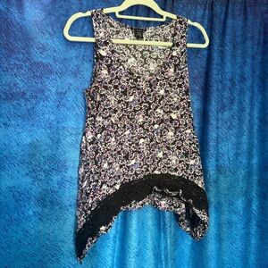 Hot Topic Black Floral Tank with Purple and White Accents